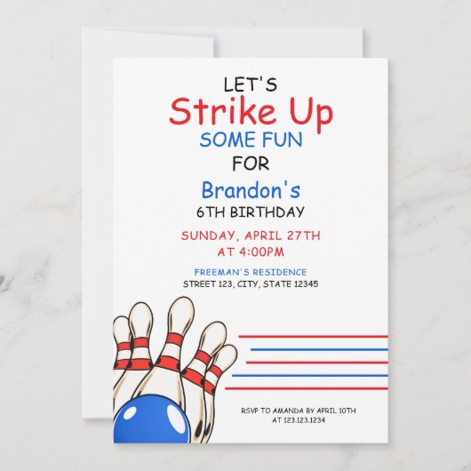 赤よくはしゃぐと青のボーリングをテーマにした第6誕生日 招待状 (正面)