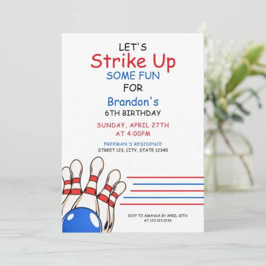 赤よくはしゃぐと青のボーリングをテーマにした第6誕生日 招待状 (スタンド正面)