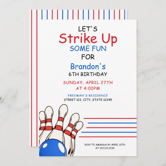 赤よくはしゃぐと青のボーリングをテーマにした第6誕生日 招待状 (正面/裏面)