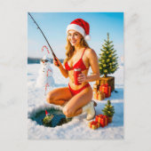 赤よくはしゃぐビキニのピンアップガール魚釣り シーズンポストカード (正面)