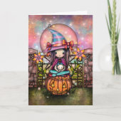 赤ら顔の月 ハロウィン かわいい魔女 アート カード (正面)