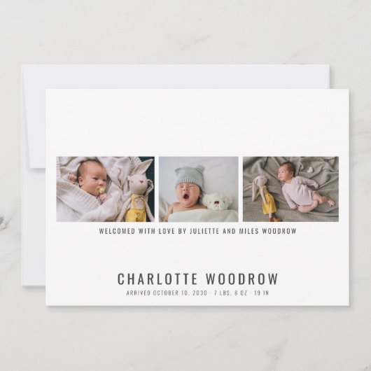 赤んエレガント坊の女の子の写真コラージュ誕生のお知らせ (正面)