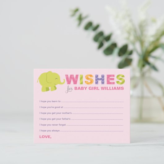 赤んモダン坊の女の子の象のシャワーのためのピンクの願い アドバイスカード (スタンド正面)