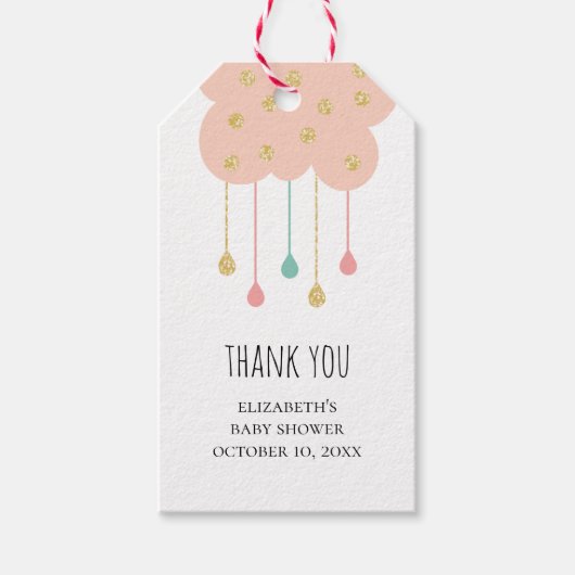 赤ん坊が感謝していシャワーを浴びる。かわいいピンクの雲。ベビーガール ギフトタグ (正面)