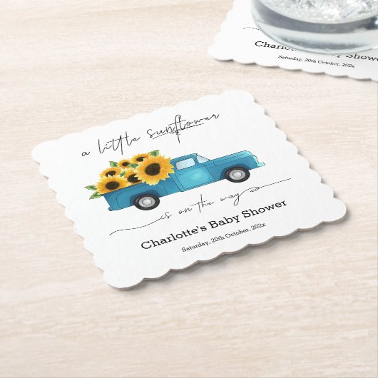 赤ん坊のシャワーが途中にある小さなひまわり ペーパーコースター (アングル)
