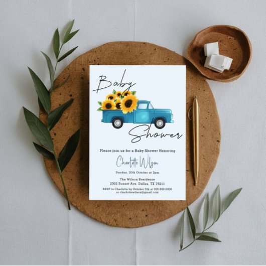 赤ん坊のシャワーが途中にある小さなひまわり 招待状