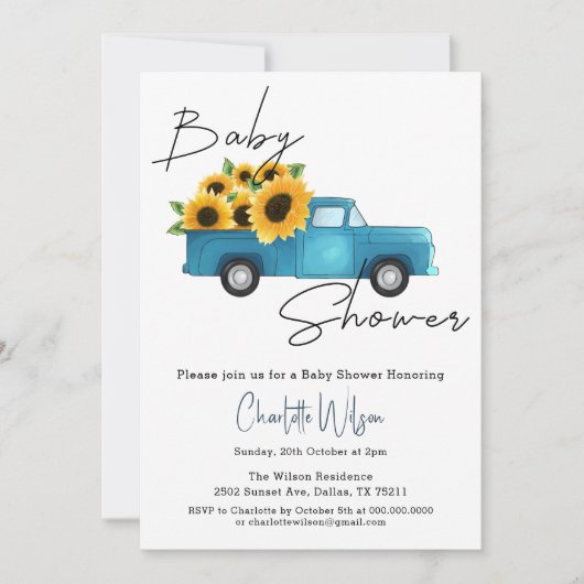 赤ん坊のシャワーが途中にある小さなひまわり 招待状 (正面)