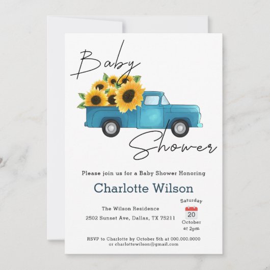 赤ん坊のシャワーが途中にある小さなひまわり 招待状 (正面)