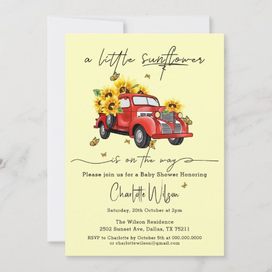 赤ん坊のシャワーが途中にある小さなひまわり 招待状 (正面)