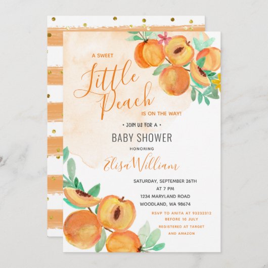 赤ん坊のシャワーを浴びる甘い桃  招待状 (正面/裏面)