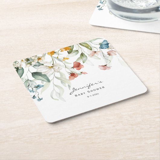 赤ん坊のシャワーカラフル、静物画のフローラドロップ。 スクエアペーパーコースター (アングル)