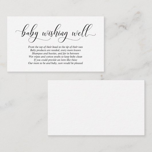 赤ん坊のシャワー、良く願うモダン、黒のスクリプト エンクロージャーカード (正面/裏面)