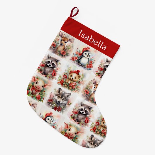 赤ん坊の動物が名前を追加かわいいクリスマス ラージクリスマスストッキング (正面 (吊り時))