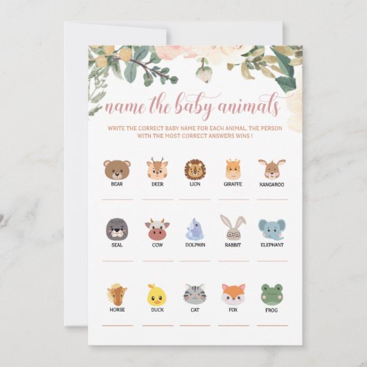 赤ん坊の動物に名前を付ける秋の赤ん坊のシャワーのゲームカード 招待状 (正面)