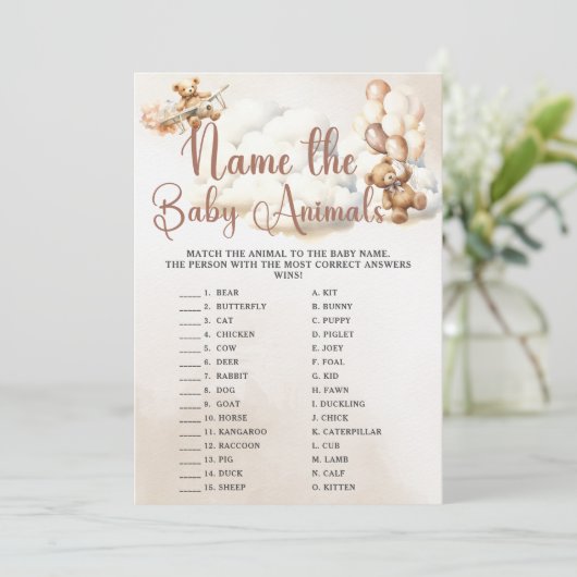 赤ん坊の動物に名前を付ける赤ちゃんシャワーのゲームかわいいクマ 招待状 (スタンド正面)