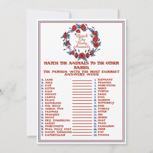 赤ん坊の動物のポピーフローラの赤ちゃんシャワーに一致 招待状 (正面)