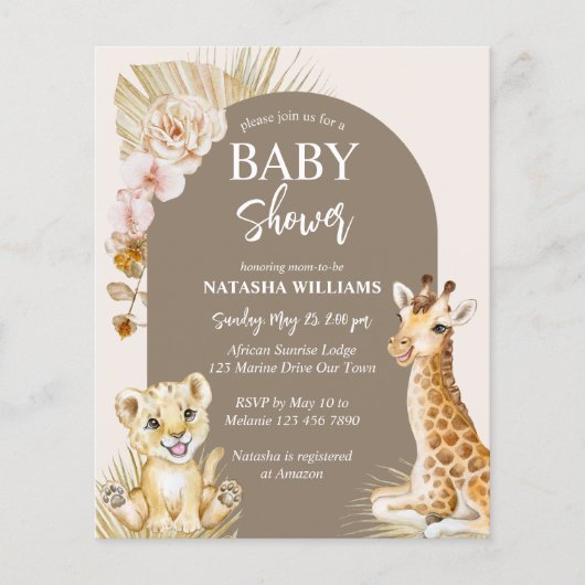 赤ん坊の動物の茶色の赤ちゃんシャワー予算の招待 (正面)