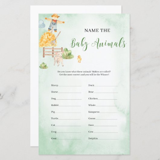 赤ん坊の動物の赤ん坊のシャワーゲームファームに名前を付ける (正面/裏面)