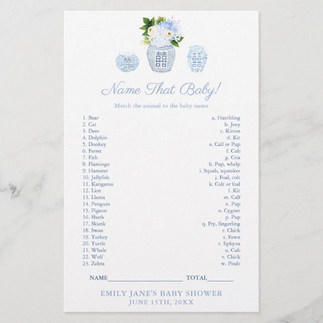 赤ん坊の動物をママの上品なシャワーゲームカードと一致させる (正面)