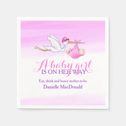 赤ん坊の女の子がコウノトリのナプキンを食べに行く スタンダードカクテルナプキン (正面)