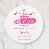 赤ん坊の女の子がピンクのハロウィーンの赤ん坊シャワーを醸造している フェイバータグ (正面)