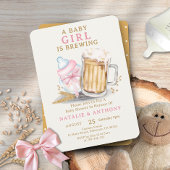 赤ん坊の女の子がピンクのボトルの赤ちゃんシャワーを醸造している 招待状