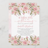 赤ん坊の女の子がピンクの赤ん坊シャワーを咲いているフローラ 招待状 (正面/裏面)