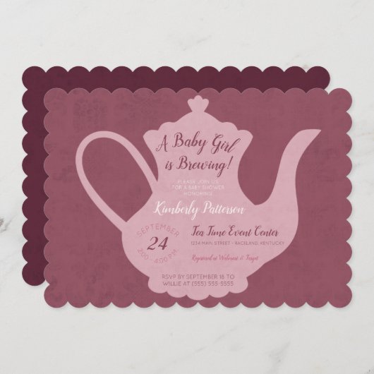 赤ん坊の女の子が紅茶を醸造しているパーティー赤ん坊シャワー 招待状 (正面/裏面)