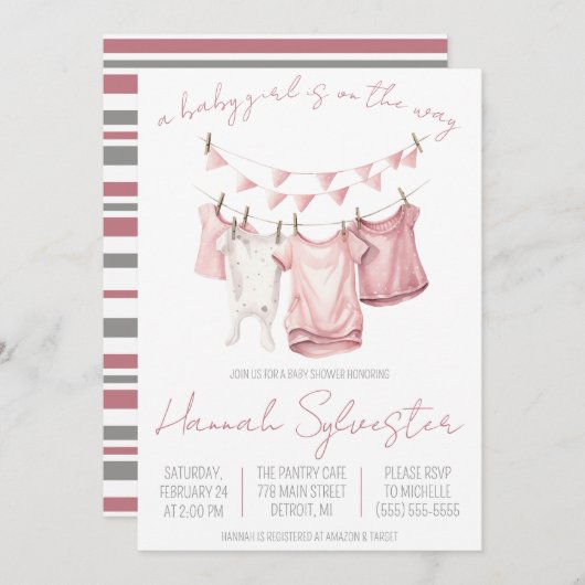 赤ん坊の女の子が行く！物干し用ベビーシャワー 招待状 (正面/裏面)