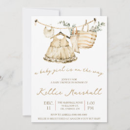 赤ん坊の女の子が行く！物干し用ベビーシャワー 招待状
