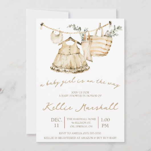 赤ん坊の女の子が行く!物干し用ベビーシャワー 招待状 (正面)