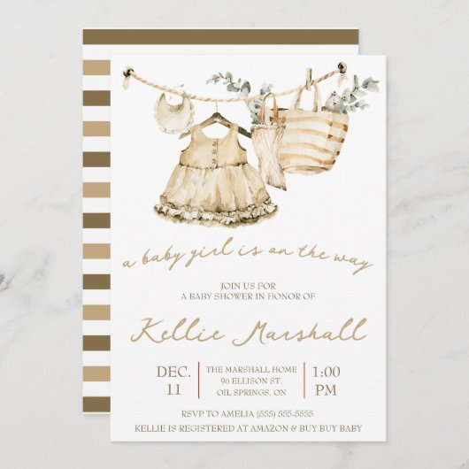 赤ん坊の女の子が行く！物干し用ベビーシャワー 招待状 (正面/裏面)