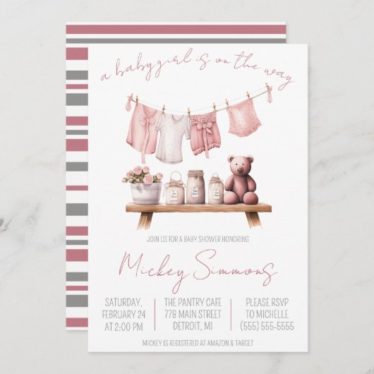 赤ん坊の女の子が行く！物干し用ベビーシャワー 招待状 (正面/裏面)