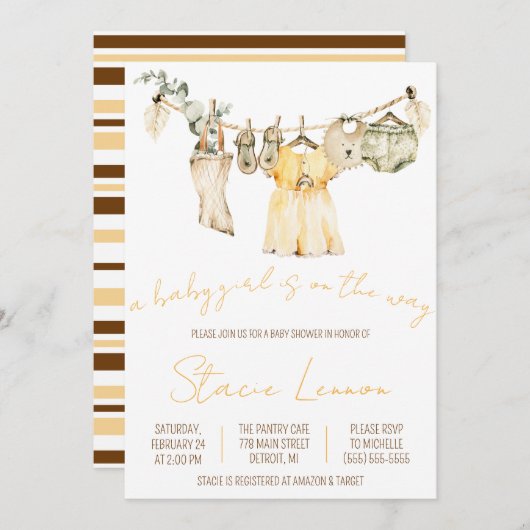 赤ん坊の女の子が行く！物干し用ベビーシャワー 招待状 (正面/裏面)