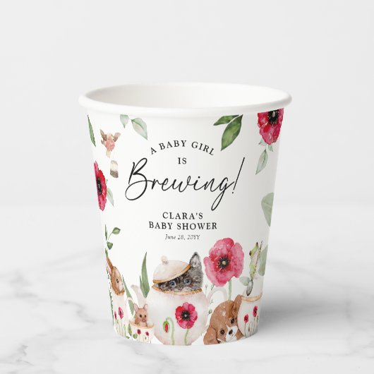 「赤ん坊の女の子が醸造している」アフタヌーンティーベイビーシャワー 紙コップ (正面)