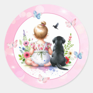 赤ん坊の女の子と子犬の赤ん坊シャワー ラウンドシール