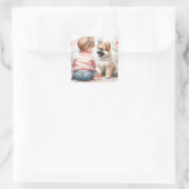 赤ん坊の女の子と子犬ピンクの赤ん坊シャワー スクエアシール (バッグ)