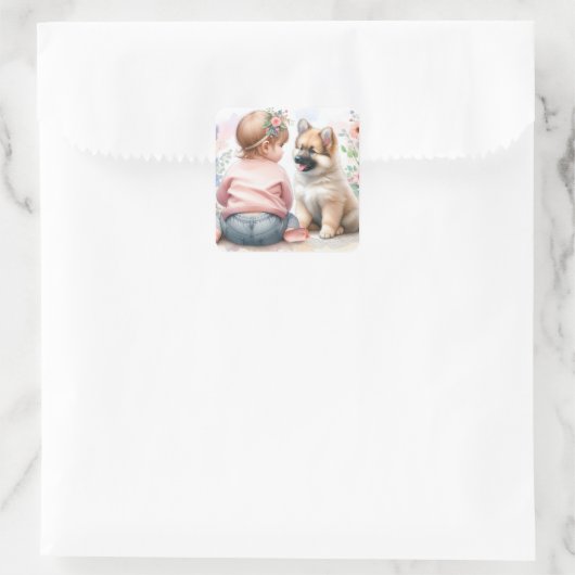 赤ん坊の女の子と子犬ピンクの赤ん坊シャワー スクエアシール (バッグ)