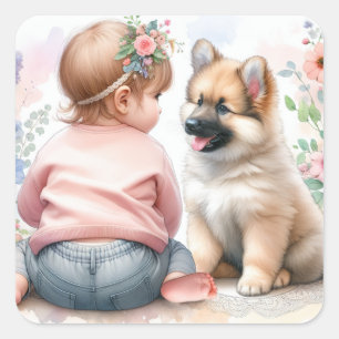 赤ん坊の女の子と子犬ピンクの赤ん坊シャワー スクエアシール
