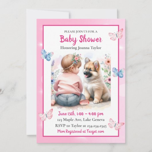 赤ん坊の女の子と子犬ピンクの赤ん坊シャワー 招待状 (正面)