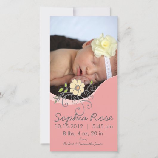 赤ん坊の女の子の誕生の発表（ピンクと黄色） 案内状 (正面)