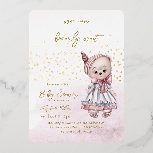 赤ん坊の女の子シャワーを待つことができる 箔招待状 (正面)