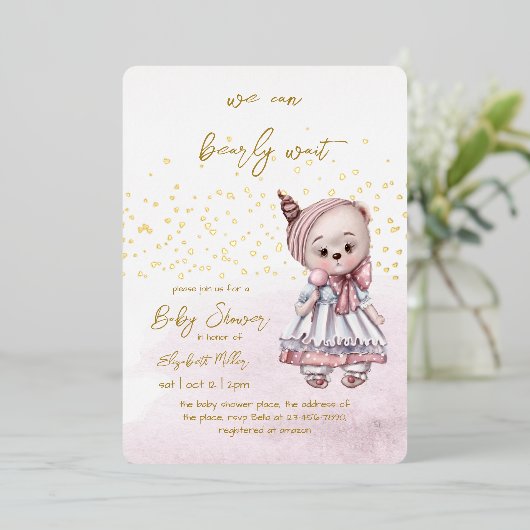 赤ん坊の女の子シャワーを待つことができる 箔招待状 (立ち正面)