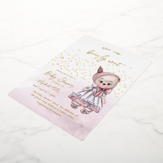 赤ん坊の女の子シャワーを待つことができる 箔招待状 (回転した状態)