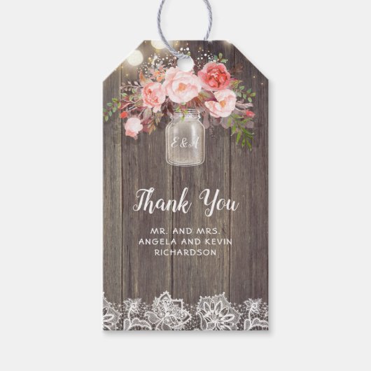 赤ん坊の息とピンクの花素朴結婚の ギフトタグ (正面)