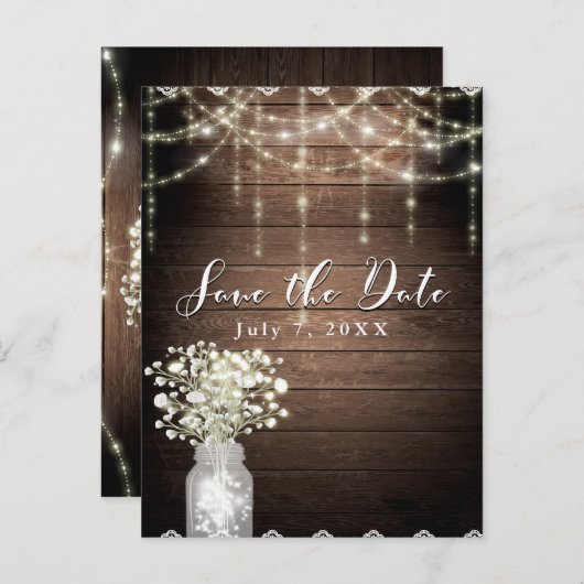 赤ん坊の息のメイソンの瓶ライト木材の日付を保存 案内ポストカード (正面/裏面)