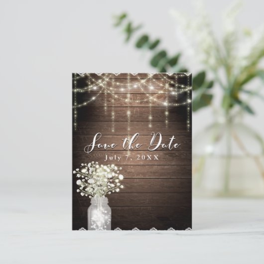 赤ん坊の息のメイソンの瓶ライト木材の日付を保存 案内ポストカード (スタンド正面)