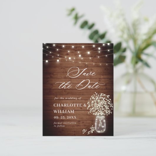 赤ん坊の息のメイソンのjar結婚式の日付を保存 ポストカード (スタンド正面)