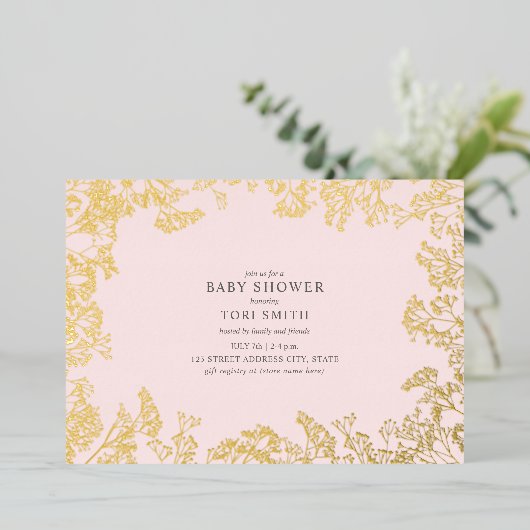 『赤ん坊の息吹きピンクの女の子のベビーシャワー』 箔招待状 (立ち正面)