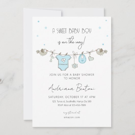 赤ん坊の服Boy赤ん坊シャワー 招待状 (正面)